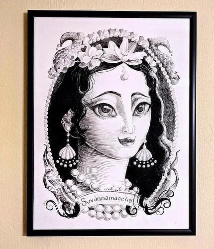 Framed pen drawing of the little mermaid Suvannamaccha